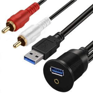 منفذ USB مثبت على اللوحة USB 3.0 A و2RCA إلى كابل 3.5 مم ذكر إلى أنثى مقاوم للماء للسيارة
