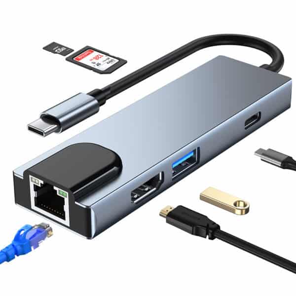 محول موزع USB-C إلى HDMI Ethernet USB SD TF وPD 6 في 1